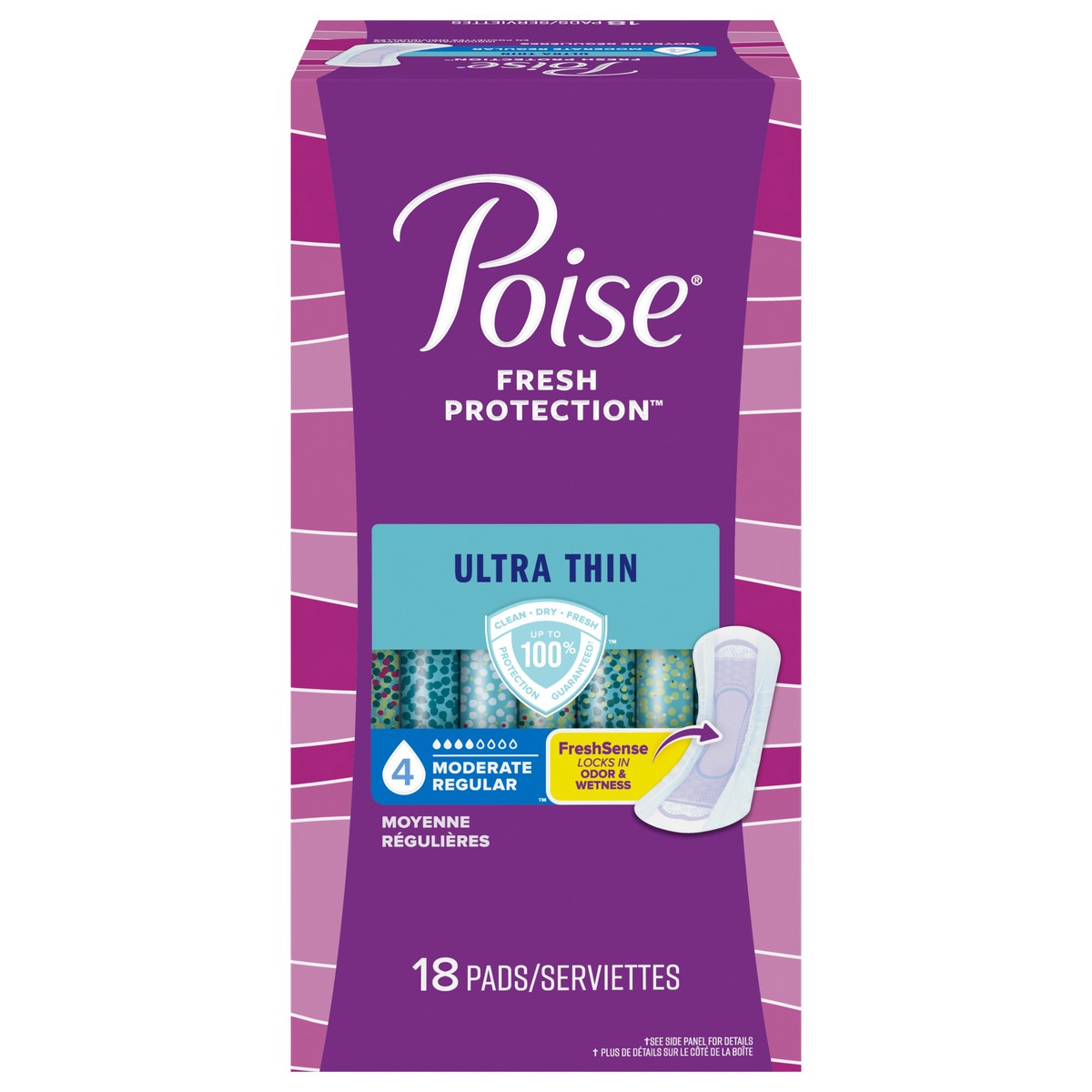 slide 1 of 5, Poise Ultra Thin Incontinence Pads & Postpartum Incontinence Pads, 4 Drop Moderate Absorbency, Regular Length, 18 Count, 18 ct