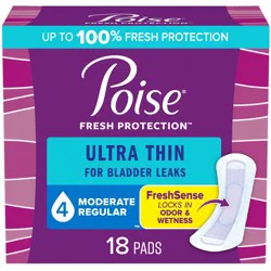 Poise Ultra Thin Incontinence Pads & Postpartum Pads for Bladder Leaks, 4 Drop Moderate Absorbency, Regular Length, 18 Count