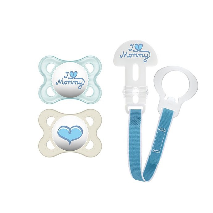 slide 1 of 7, MAM Love & Affection Age 0-6 Months I Love Mommy Pacifiers and Clip Set - Blue, 1 ct