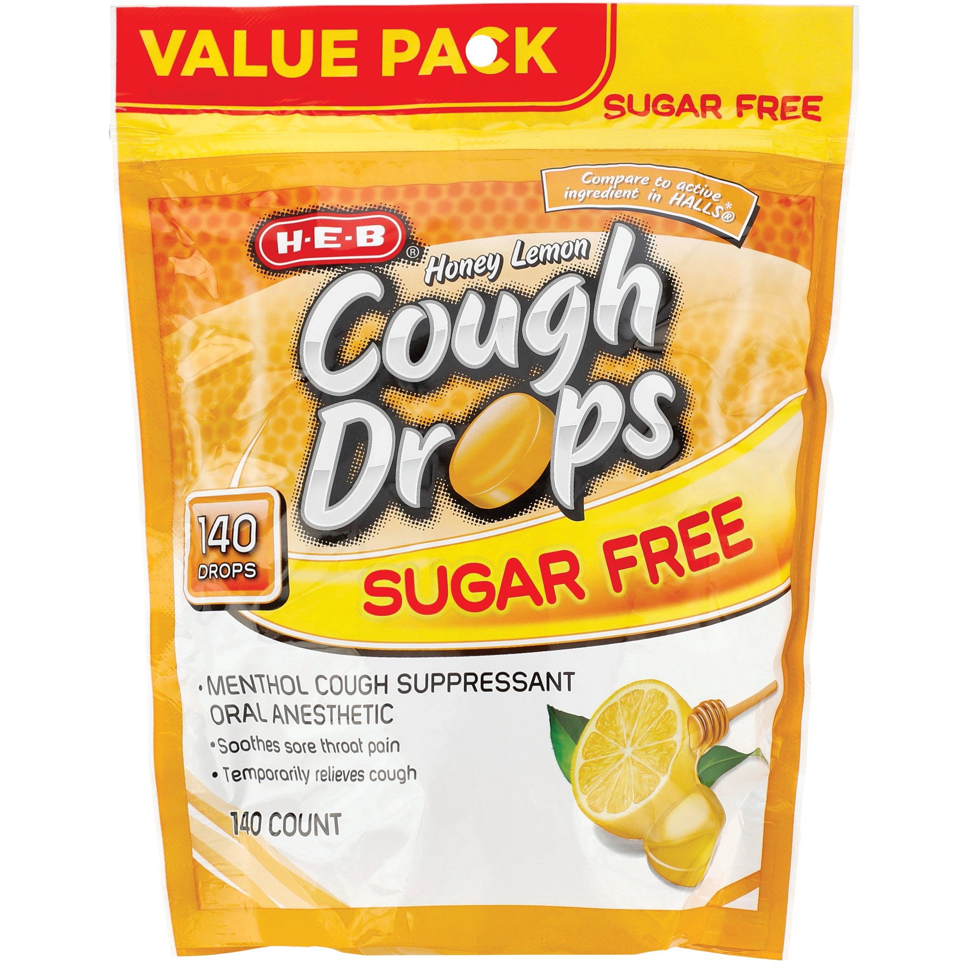 slide 1 of 1, H-E-B Honey Lemon Cough Drops Sugar Free Value Pack, 140 ct