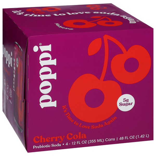slide 1 of 1, Poppi Soda, Cherry Cola, Prebiotic, 4Pk, 4 ct; 12 oz