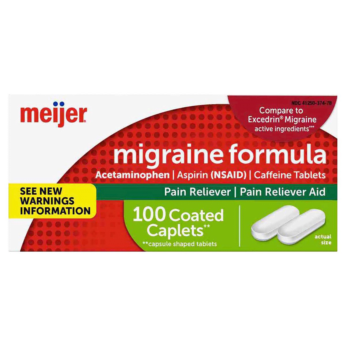 slide 1 of 29, Meijer Migraine Formula, Acetaminophen, Aspirin (NSAID) and Caffeine Tablets, 100 ct