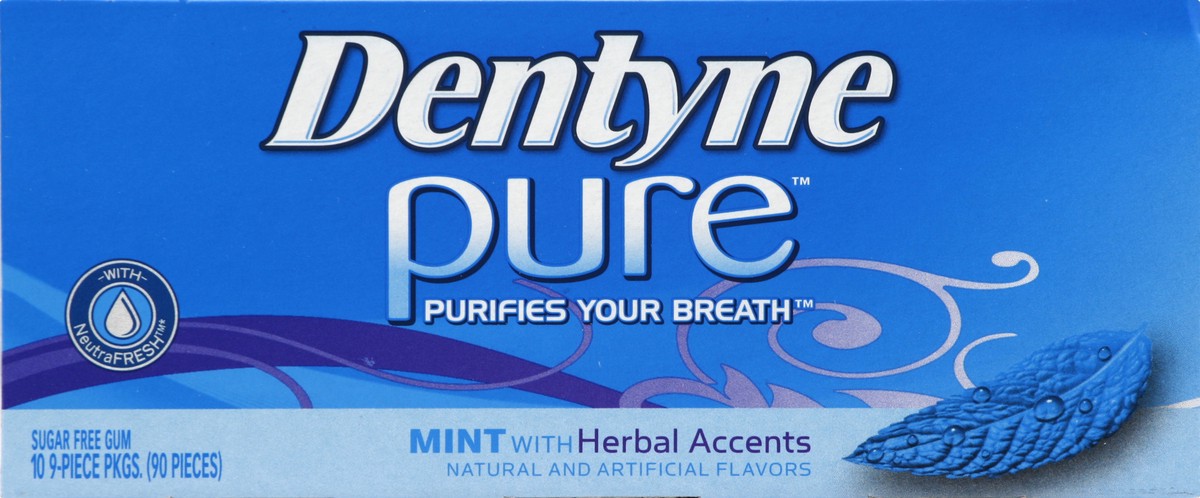 slide 4 of 5, Dentyne Pure Mint with Herbal Accents Sugar Free Gum, 10 Packs of 9 Pieces (90 Total Pieces), 6.29 oz