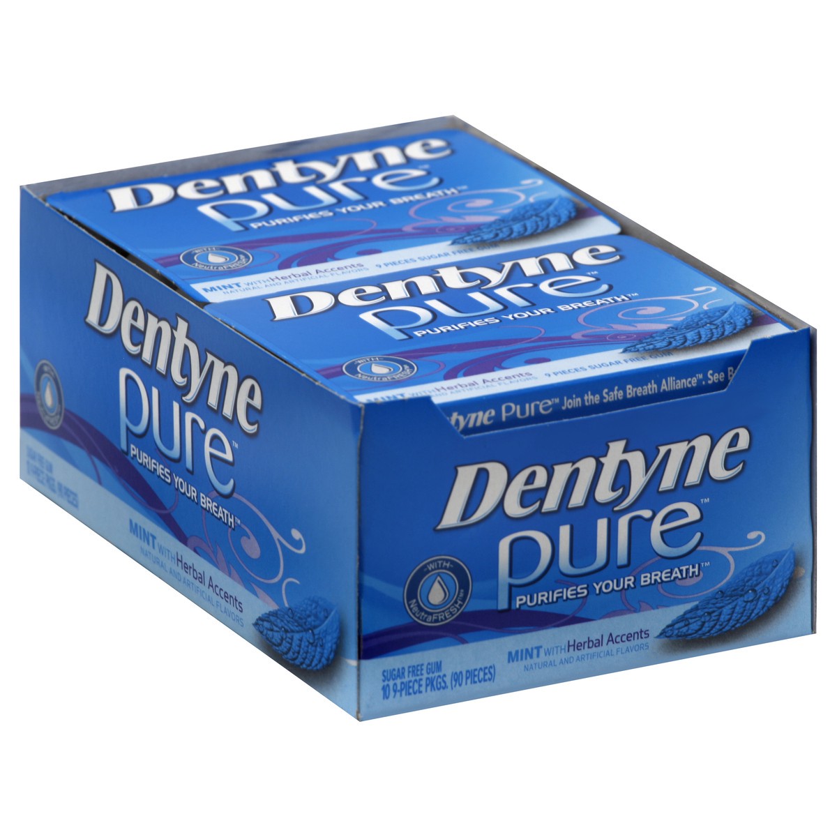 slide 3 of 5, Dentyne Pure Mint with Herbal Accents Sugar Free Gum, 10 Packs of 9 Pieces (90 Total Pieces), 6.29 oz