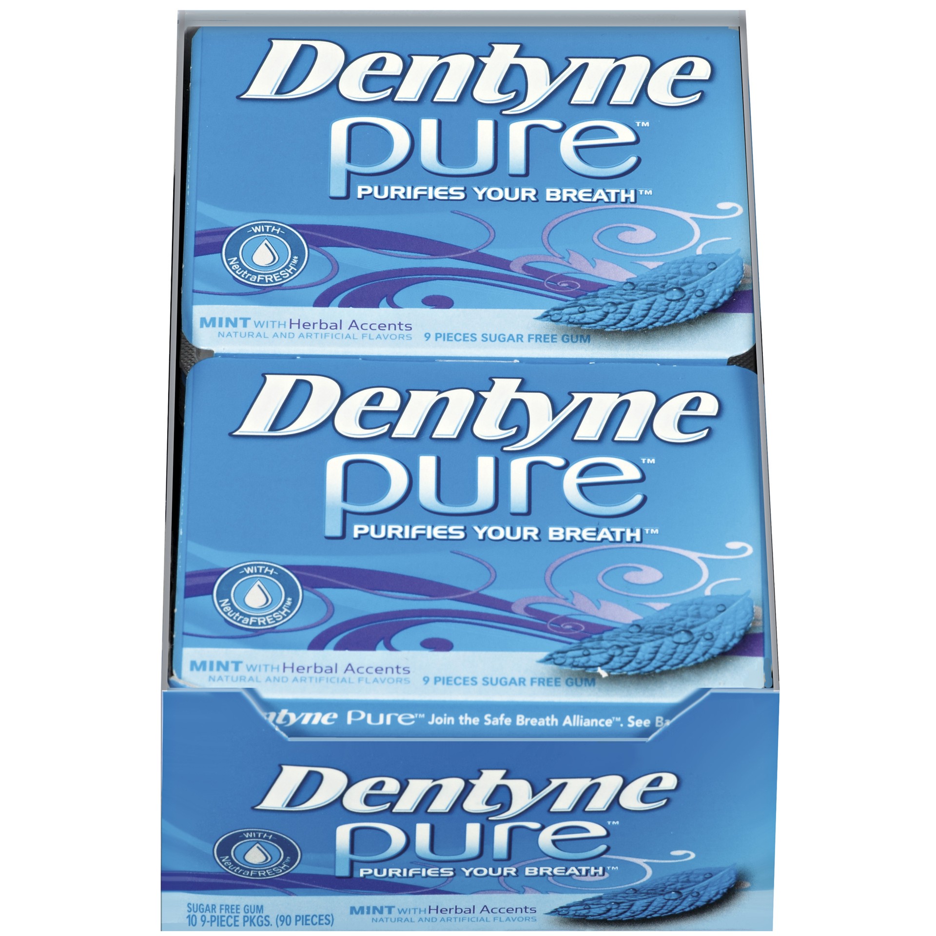 slide 1 of 5, Dentyne Pure Mint with Herbal Accents Sugar Free Gum, 10 Packs of 9 Pieces (90 Total Pieces), 6.29 oz