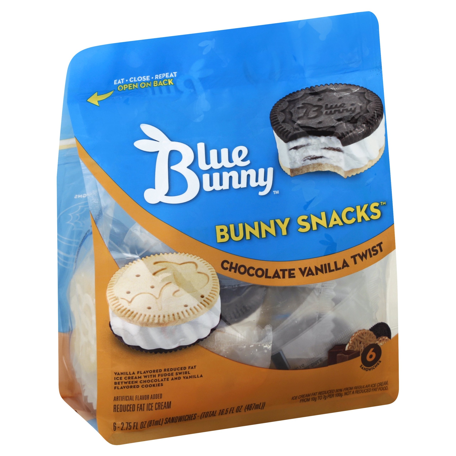 slide 1 of 1, Blue Bunny Bunny Snacks Chocolate Vanilla Twist Ice Cream Sandwiches, 6 ct; 2.75 fl oz