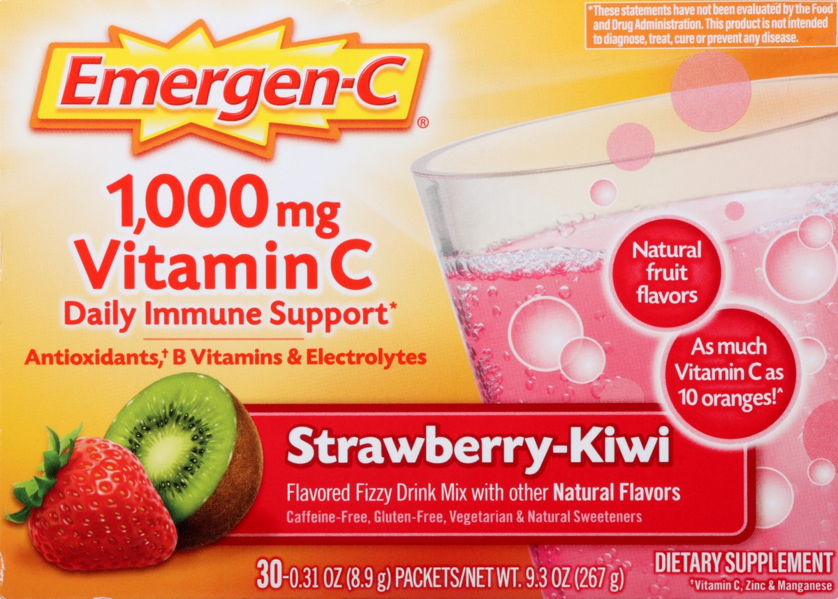 slide 5 of 9, Emergen-C Fizzy Drink Mix 1000 mg Strawberry-Kiwi Vitamin C 30 ea, 30 ct; 0.31 oz