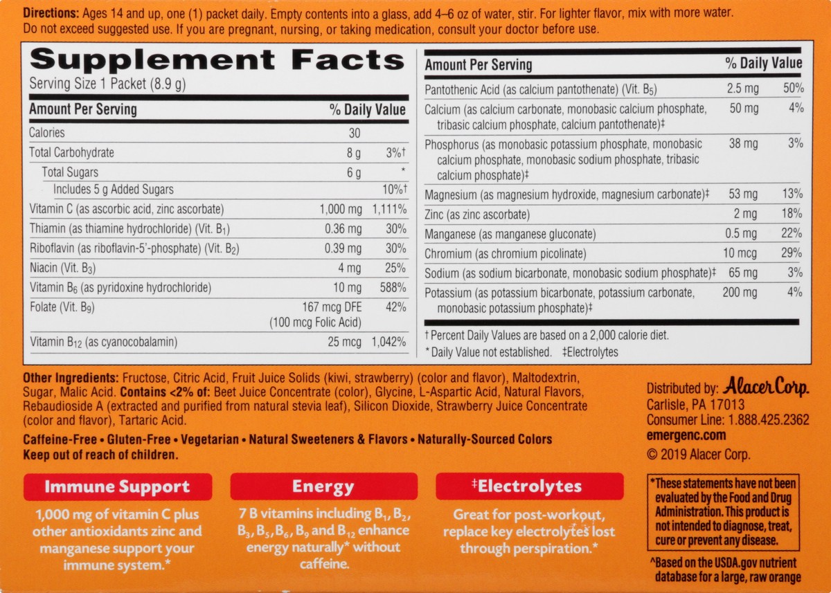 slide 7 of 9, Emergen-C Fizzy Drink Mix 1000 mg Strawberry-Kiwi Vitamin C 30 ea, 30 ct; 0.31 oz