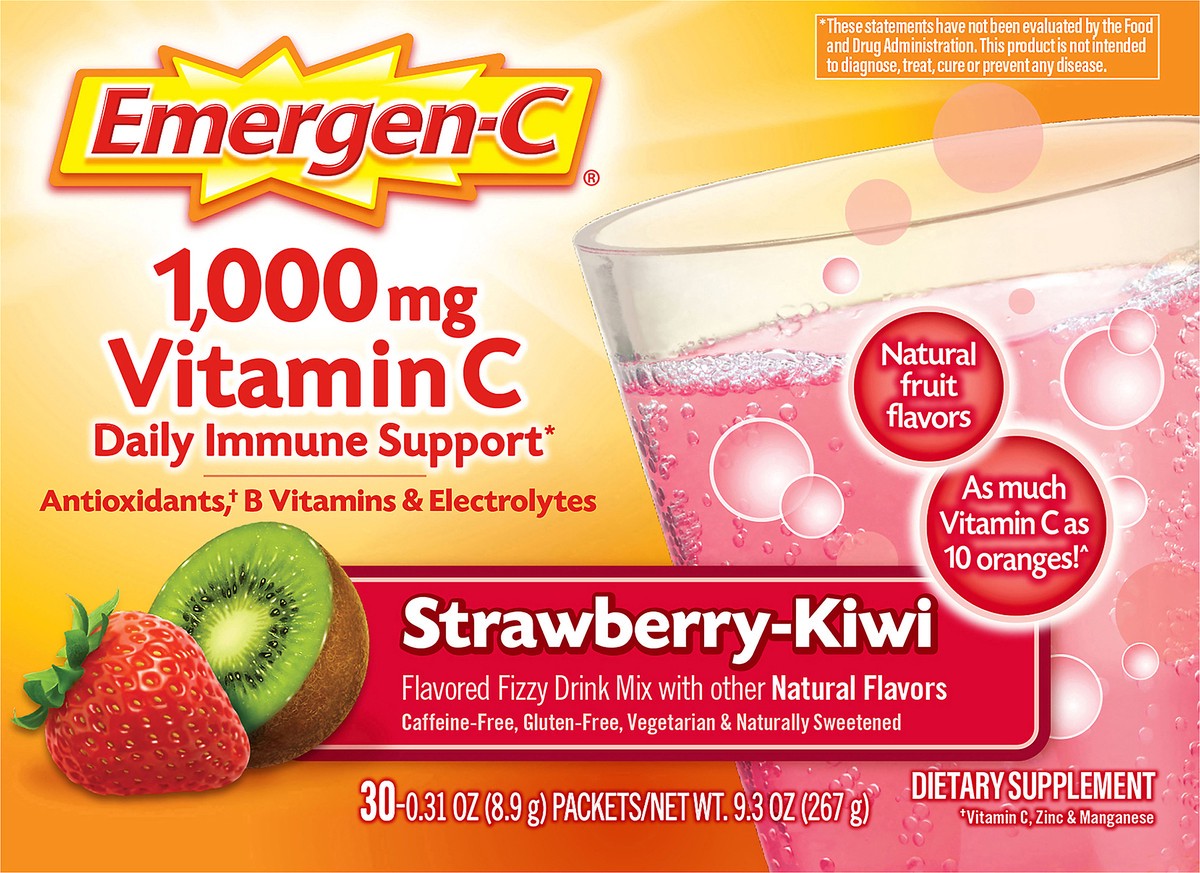 slide 1 of 9, Emergen-C Fizzy Drink Mix 1000 mg Strawberry-Kiwi Vitamin C 30 ea, 30 ct; 0.31 oz