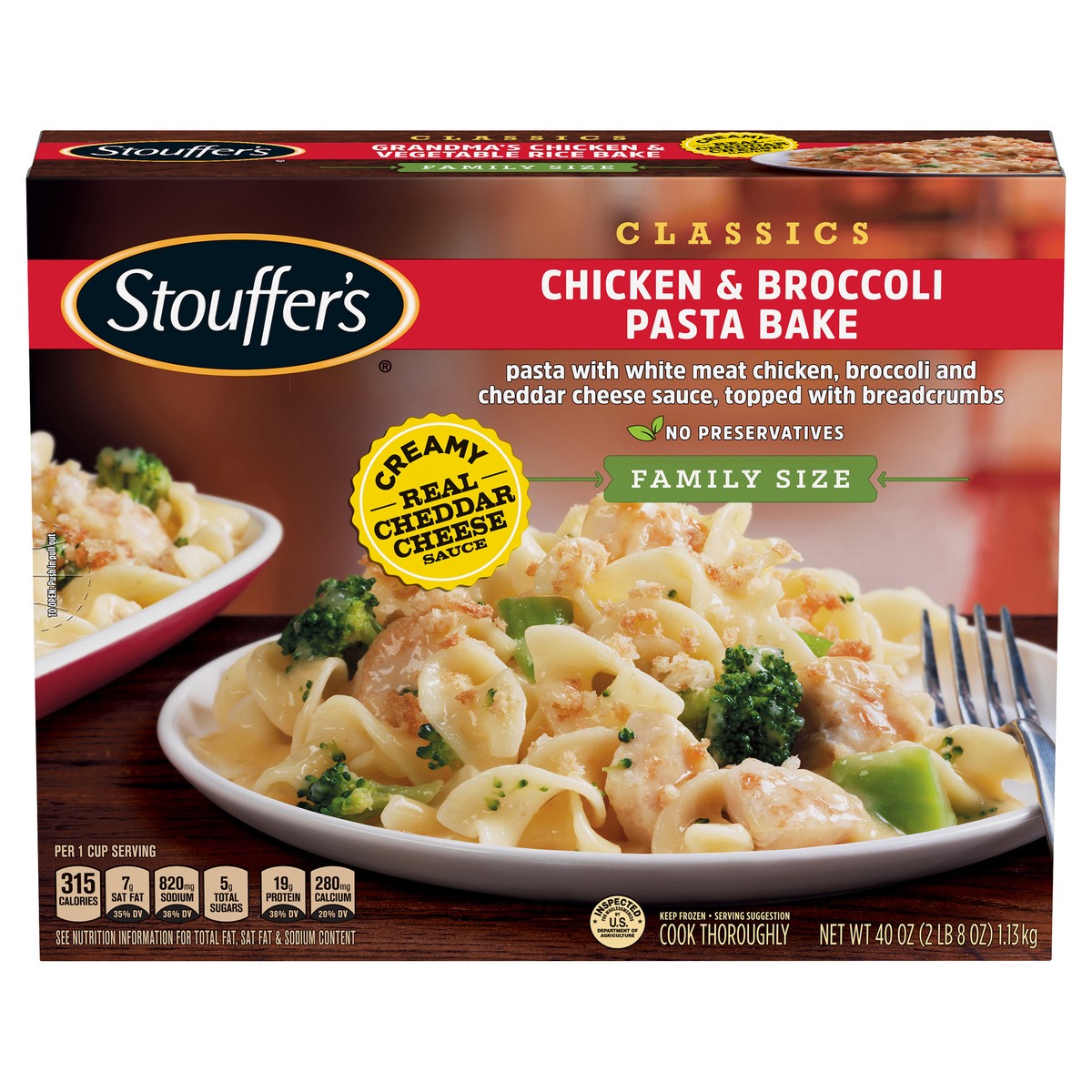 slide 1 of 8, Stouffer's Family Size Cheesy Chicken and Broccoli Pasta Bake Frozen Meal, 40 oz