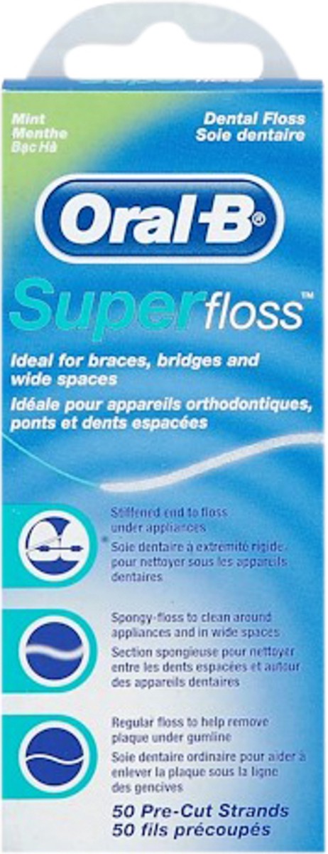 slide 4 of 7, Oral-B Super Floss Pre-Cut Strands, Dental Floss for Bridges, Braces and Wide Spaces, 50 Strands, 50 ct
