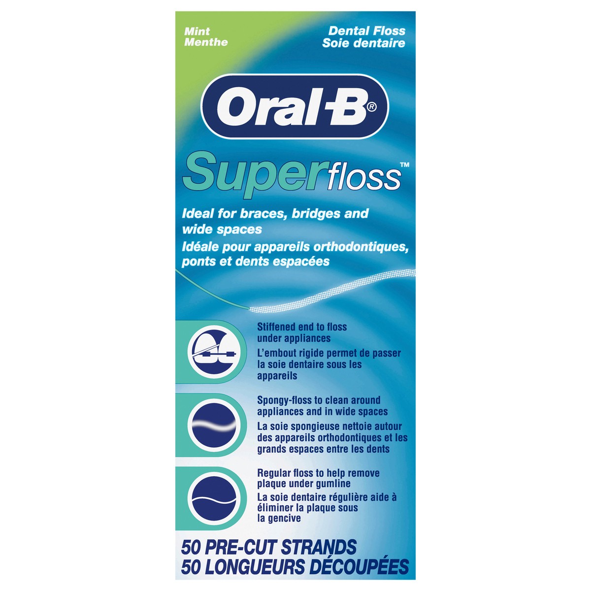 slide 1 of 7, Oral-B Super Floss Pre-Cut Strands, Dental Floss for Bridges, Braces and Wide Spaces, 50 Strands, 50 ct