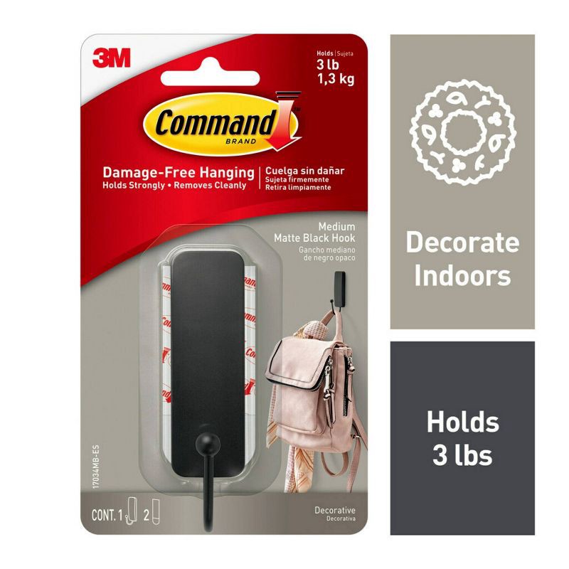 slide 1 of 13, Command Medium Sized Decorative Hook Black: Plastic Painted Hook with Command Strips, 3 lb Capacity, 1 Pack, 3 lb, 1 ct