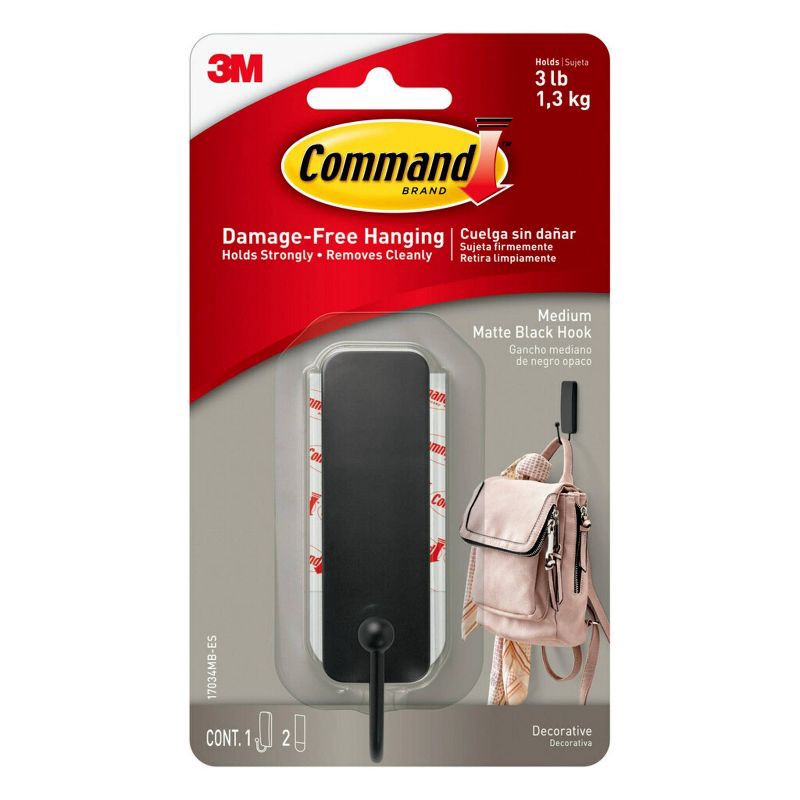 slide 1 of 14, Command Medium Sized Decorative Hook Black: Plastic Painted Hook with Command Strips, 3 lb Capacity, 1 Pack, 3 lb, 1 ct