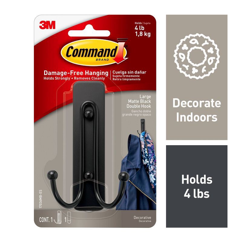 slide 2 of 11, Command Large Sized Double Decorative Hook Matte Black: Wall Hooks, Plastic, Painted Finish, 4 lb Capacity, 4 lb