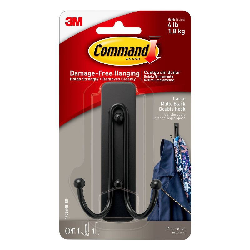 slide 1 of 10, Command Large Sized Double Decorative Hook Matte Black, 1 ct