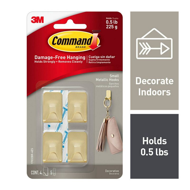 slide 2 of 13, Command Small Sized Metallic Decorative Hooks Brass: Gold Wall Hooks, 0.5 lb Capacity, 4 Pack, 0.5 lb, 4 ct