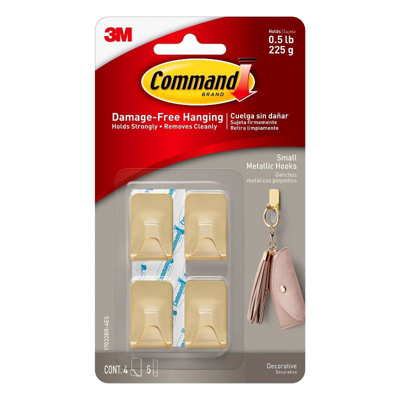 slide 1 of 12, Command Small Sized Metallic Decorative Hooks Brass: Gold Wall Hooks, 0.5 lb Capacity, 4 Pack, 1 ct