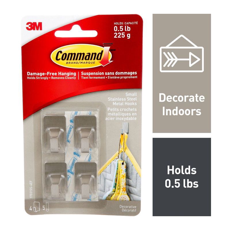 slide 2 of 9, Command Small Sized Metal Decorative Hooks Stainless Steel: Metallic Wall Hooks, Adhesive, 0.5 lb Capacity, Set of 4, 0.5 lb