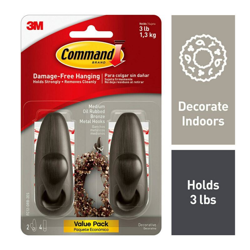 slide 2 of 14, Command 2pk Medium Sized Forever Classic Decorative Hooks Oil Rubbed Bronze: Wall & Towel Hooks, 3lb Capacity, Metal, 2 ct, 3 lb