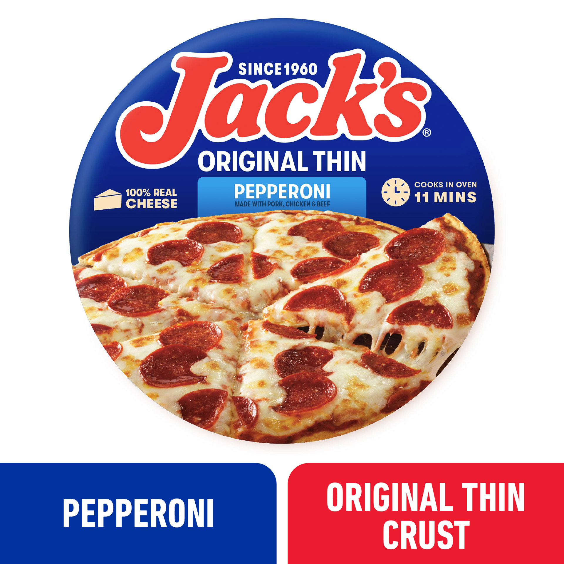 slide 1 of 7, Jack's Jack''s Frozen Pizza, Original Thin Crust Pepperoni Pizza, 12in, 14.3oz (Frozen), 14.3 oz