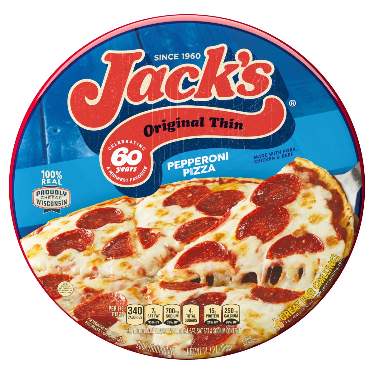 slide 1 of 7, Jack's Original Thin Crust Pepperoni Frozen Pizza, 14.39 oz