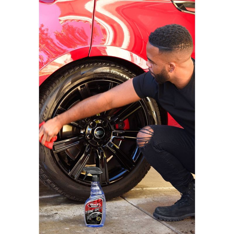 slide 4 of 4, Black Magic 23oz Tire Wet Tire Shine: Liquid Automotive Polish & Conditioner, Non-Abrasive Tire Cleaner Spray, 23 oz