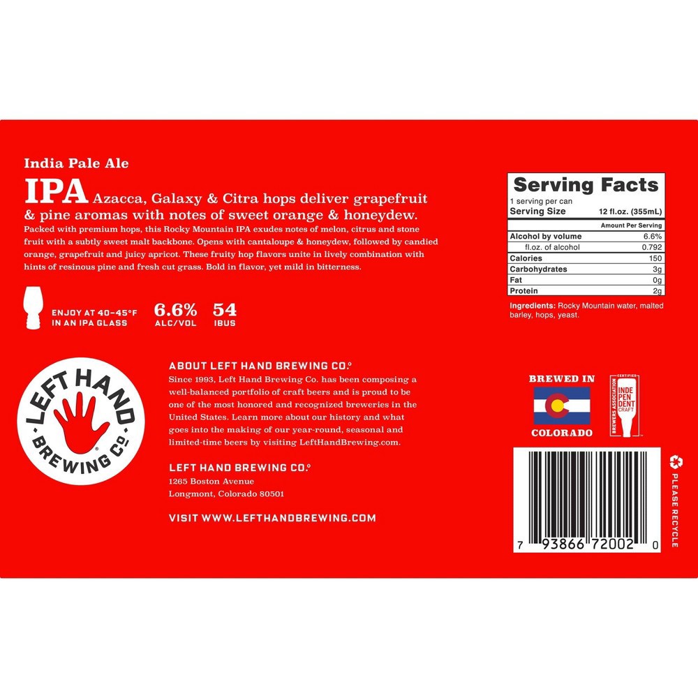slide 4 of 10, Left Hand Brewing Co. Left Hand IPA Beer - 6pk/12 fl oz Cans, 6 ct; 12 fl oz