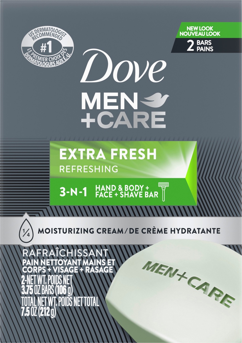 slide 3 of 3, Dove Men+Care Bar 3 in 1 Cleanser for Body, Face, and Shaving Extra Fresh, 3.75 oz, 2 Bars , 3.75 oz