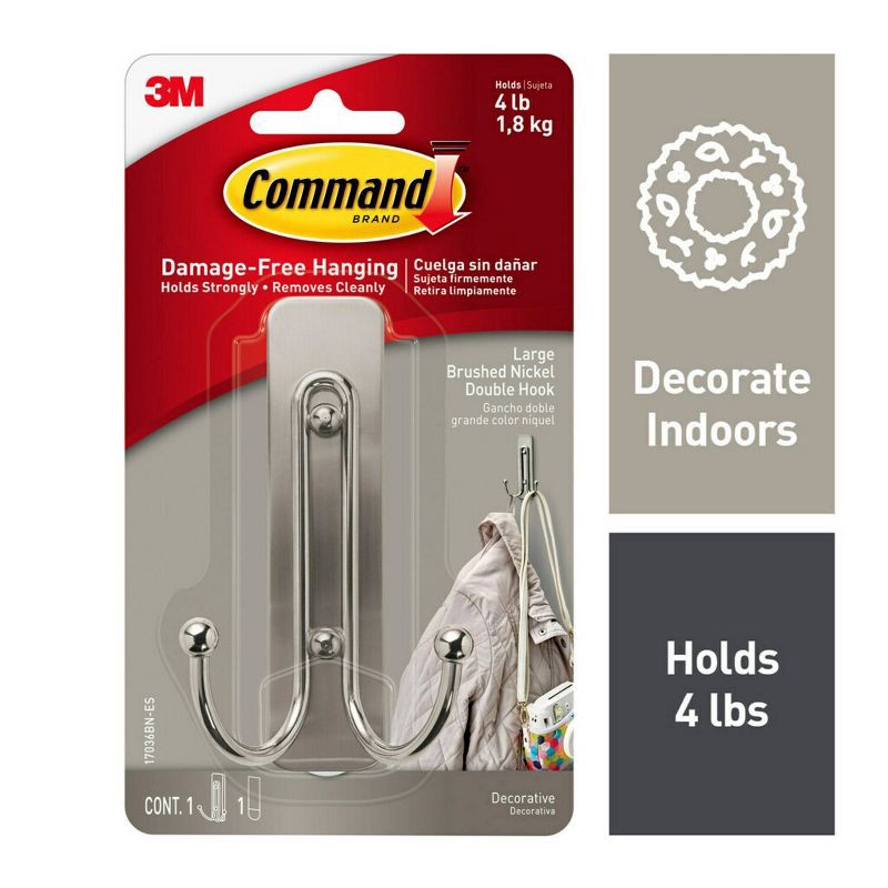 slide 2 of 12, Command Large Sized Double Decorative Hook Brushed Nickel: Wall Hook, Plastic, Painted Finish, 4 lb Capacity, Silver, 4 lb