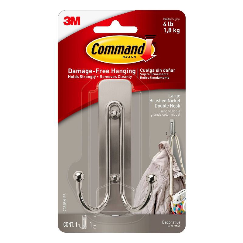 slide 1 of 11, Command Large Sized Double Decorative Hook Brushed Nickel: Wall Hook, Plastic, Painted Finish, 4 lb Capacity, Silver, 4 lb