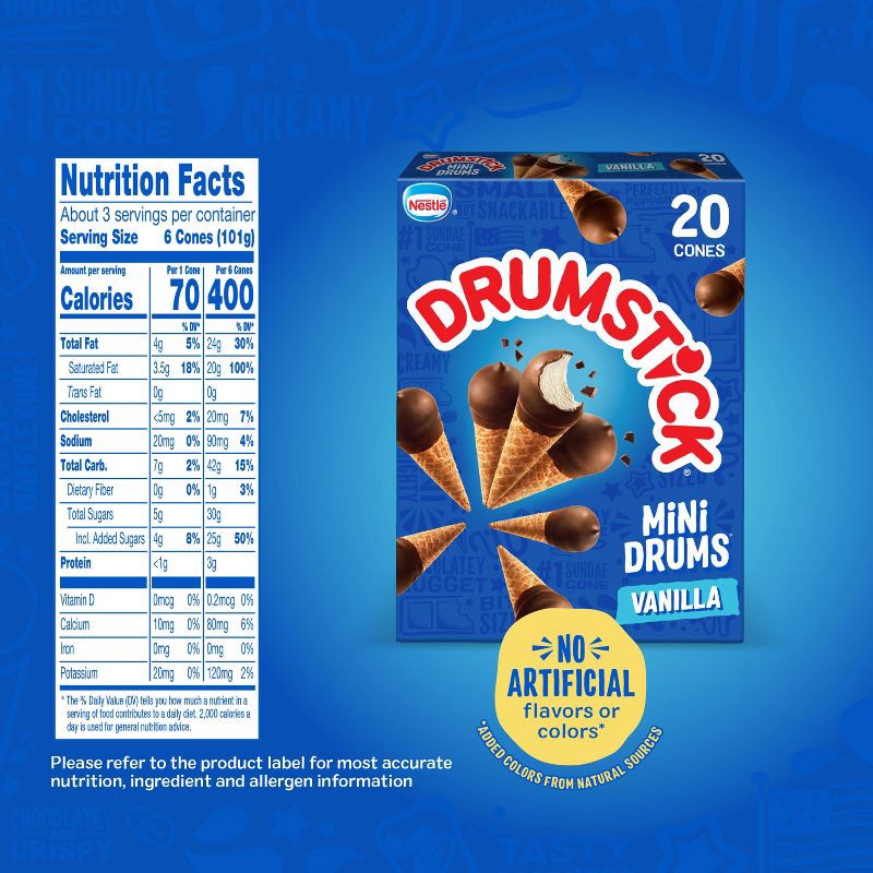 slide 7 of 14, Nestle Drumstick Mini Drums Frozen Sundae Cones Vanilla - 16.9 fl oz/20ct, 16.9 fl oz, 20 ct