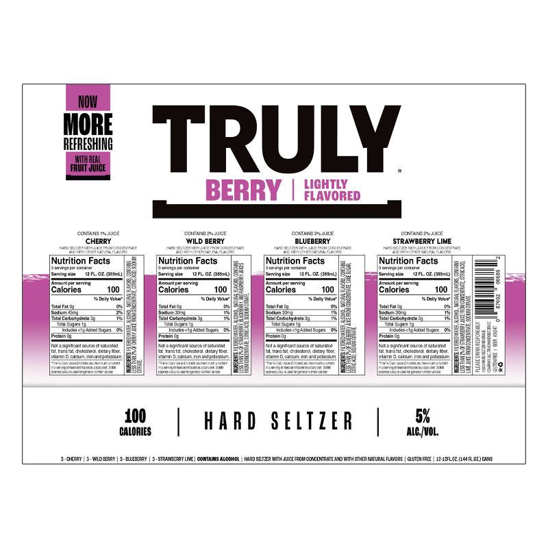 slide 8 of 8, Truly Spiked & Sparkling Truly Hard Seltzer Berry Mix Pack - 12pk/12 fl oz Slim Cans, 12 ct; 12 fl oz