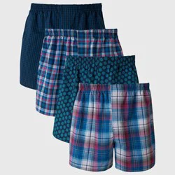 Hanes Premium Men's Stretch Woven Boxer Shorts 4pk - Blue/Green M: Tagless, Lightweight, Plaid Pattern