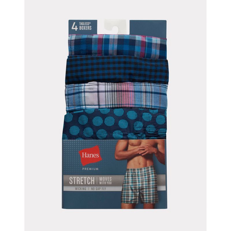slide 3 of 3, Hanes Premium Men's Stretch Woven Boxer Shorts 4pk - Blue/Green L: Tagless, Plaid, Lightweight, Pull-On, 4 ct