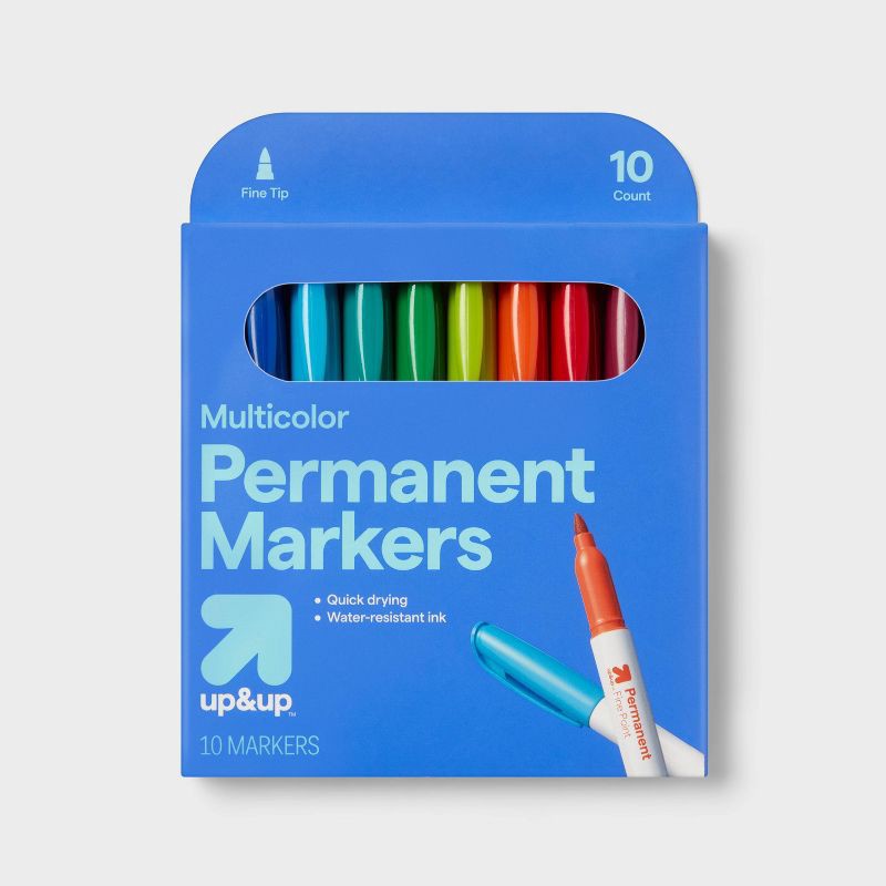 slide 1 of 4, 10ct Permanent Markers Fine Tip - up&up™: Best School Supplies for Kids, Multicolored, Water-Resistant, Art & Office Use, 10 ct