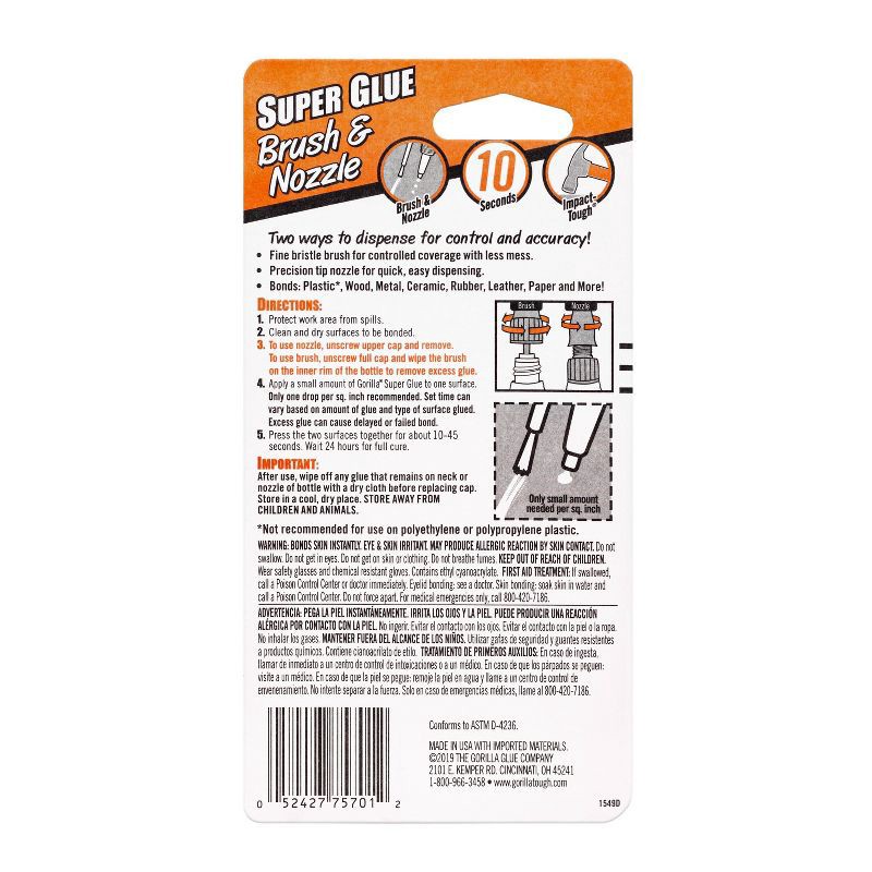 slide 2 of 4, Gorilla Glue .35oz Super Glue with Brush & Nozzle: Fast Drying Clear Adhesive for Art, Stationery, Office Use, 0.35 oz