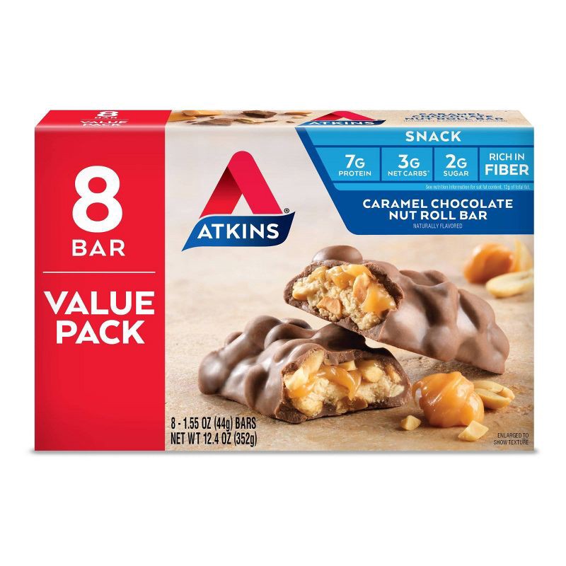 slide 1 of 6, Atkins Caramel Chocolate Nut Roll Snack Bar Value Pack - 8ct/12.4oz, 8 ct; 12.4 oz