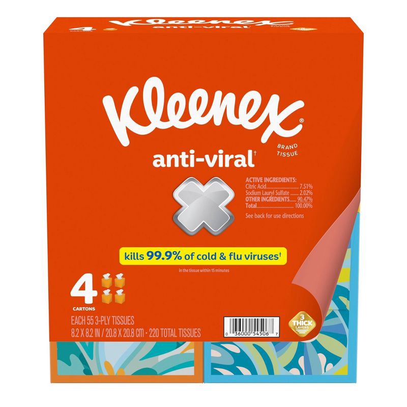 slide 2 of 9, Kleenex Anti-Viral 3-Ply Facial Tissue - 4pk/220ct, 4 ct, 220 ct