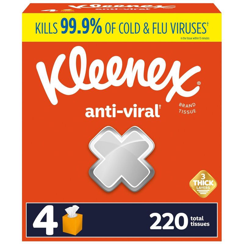 slide 1 of 9, Kleenex Anti-Viral 3-Ply Facial Tissue - 4pk/220ct, 4 ct, 220 ct