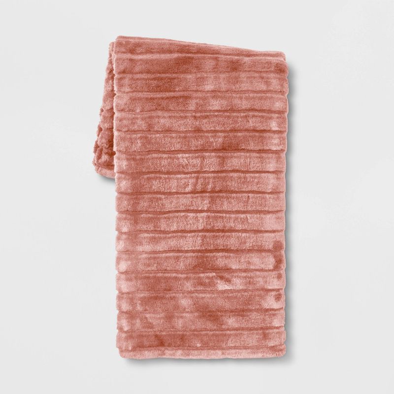 slide 1 of 3, Textured Faux Fur Reversible Throw Blanket Pink - Threshold™, 1 ct