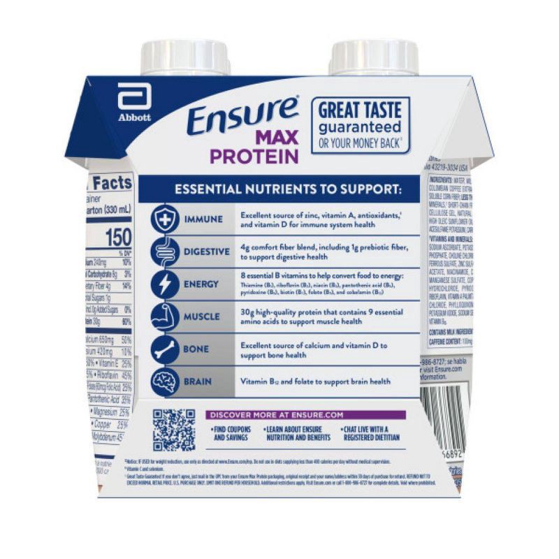 slide 5 of 12, Ensure Max Protein Nutrition Shake - Cafe Mocha - 30g Protein - 11 fl oz/4pk, 4 ct; 44 fl oz