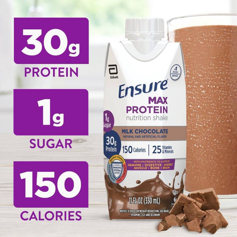 slide 3 of 12, Ensure Max Protein Nutrition Shake Milk Chocolate Non-Caffeinated - 30g Protein - 11 fl oz/4pk, 30 gram, 11 fl oz, 4 ct