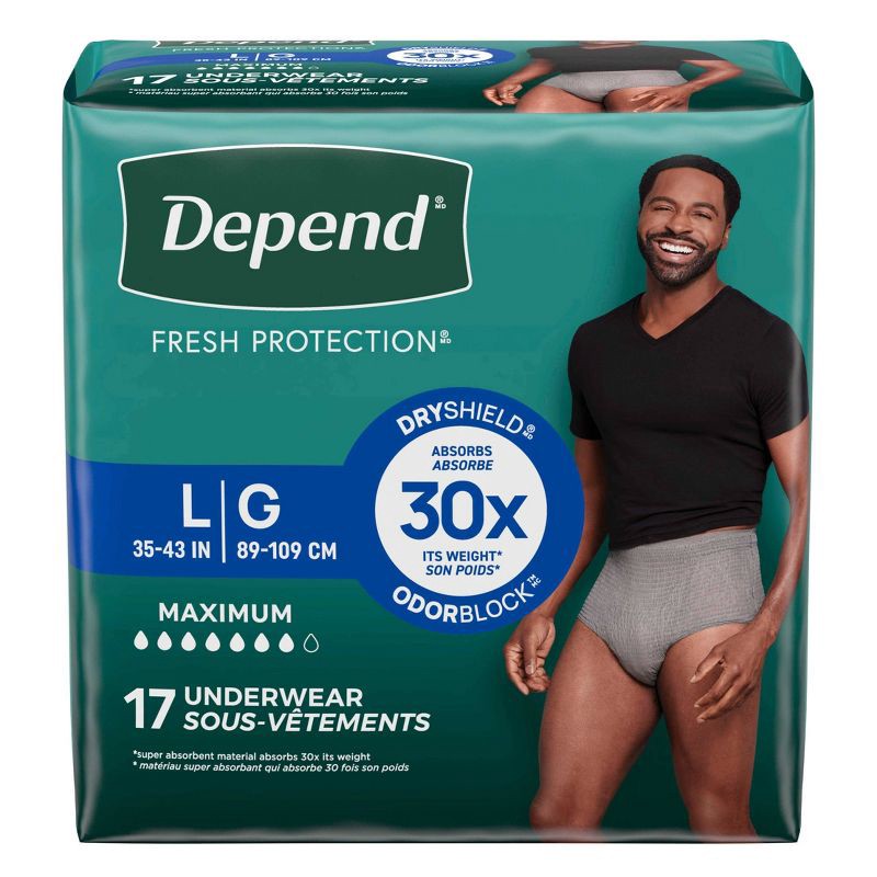 slide 2 of 7, Depend Fresh Protection Adult Incontinence Disposable Underwear for Men - Maximum Absorbency - L - Gray - 17ct, 17 ct