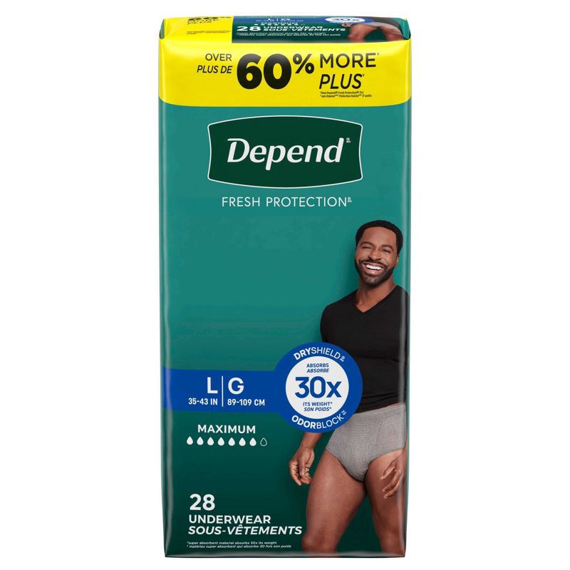 slide 2 of 8, Depend Fresh Protection Adult Incontinence Disposable Underwear for Men - Maximum Absorbency - L - Gray - 28ct, 28 ct