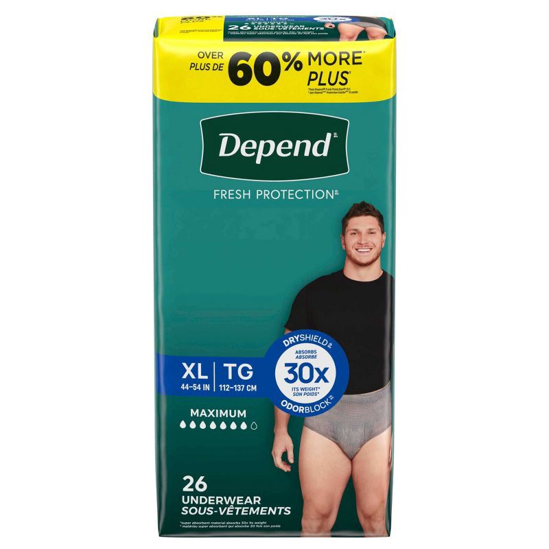 slide 2 of 7, Depend Fresh Protection Adult Incontinence Disposable Underwear for Men - Maximum Absorbency - XL - Gray - 26ct, 26 ct