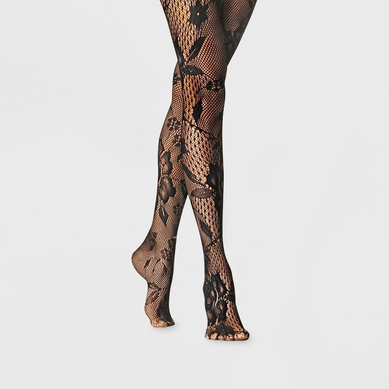 slide 1 of 2, Women's Mixed Net Floral Tights - A New Day™ Black L/XL: High Waisted Fishnet Hosiery, Sheer Knit, Hand Wash, Line Dry, 1 ct