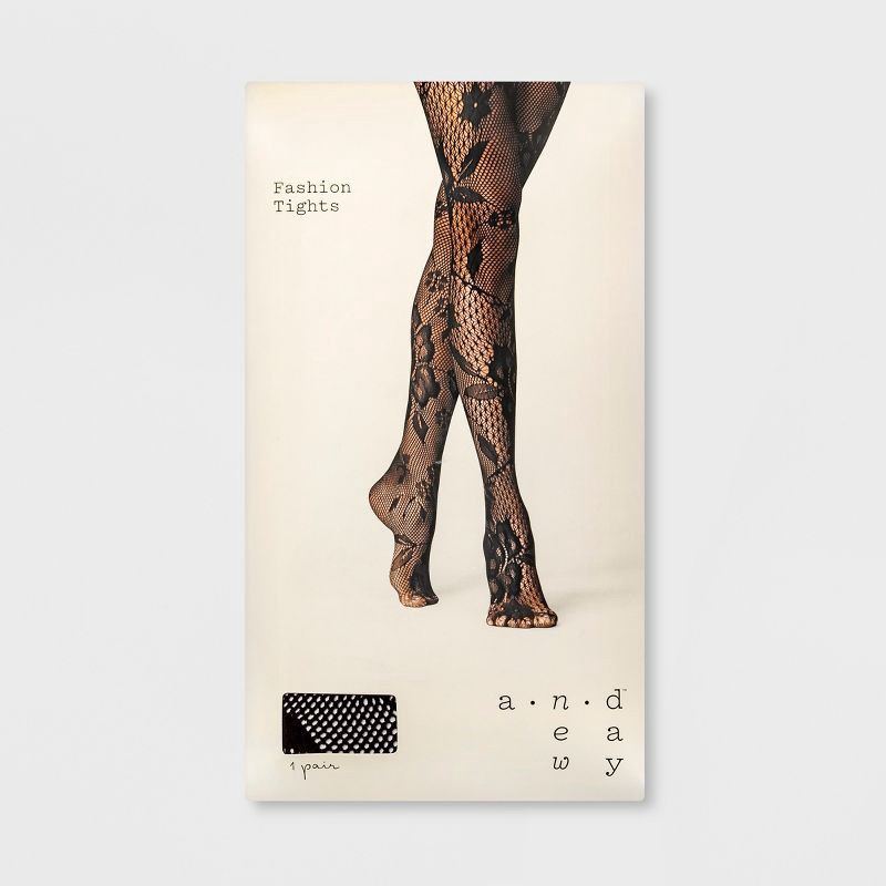 slide 2 of 2, Women's Mixed Net Floral Tights - A New Day™ Black M/L: Fishnet, High Waisted, Sheer, Knit Hosiery, 1 ct