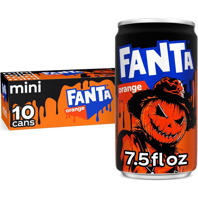 slide 1 of 9, Fanta Orange Soda - 10pk/7.5 fl oz Mini-Cans: Non-Caffeinated, 10 ct; 7.5 fl oz