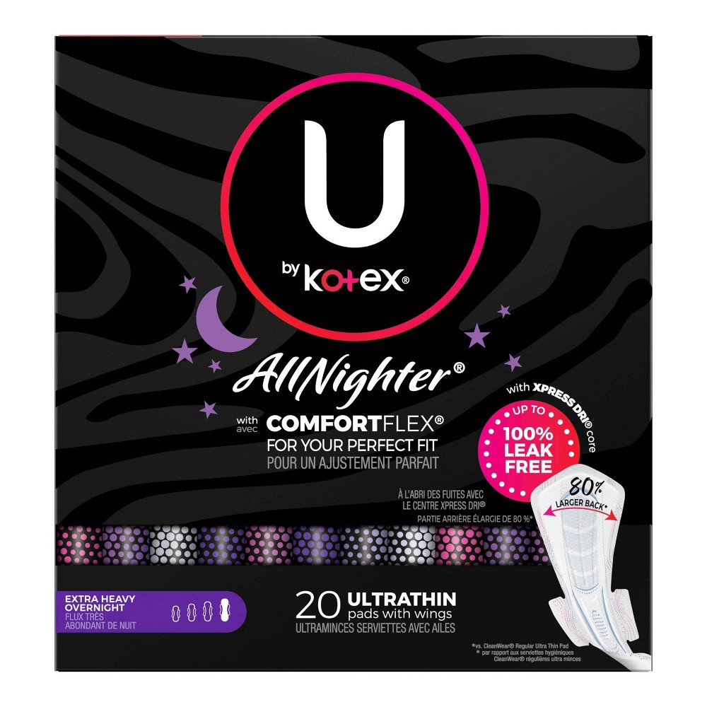 slide 8 of 8, U by Kotex AllNighter Ultra Thin Overnight Fragrance Free Pads with Wings - Extra Heavy - Unscented - 20ct, 20 ct